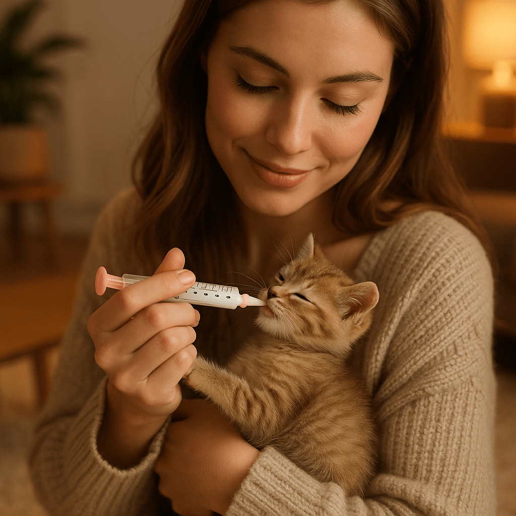 Biberon chaton jeune dame donne seringue lait chaton