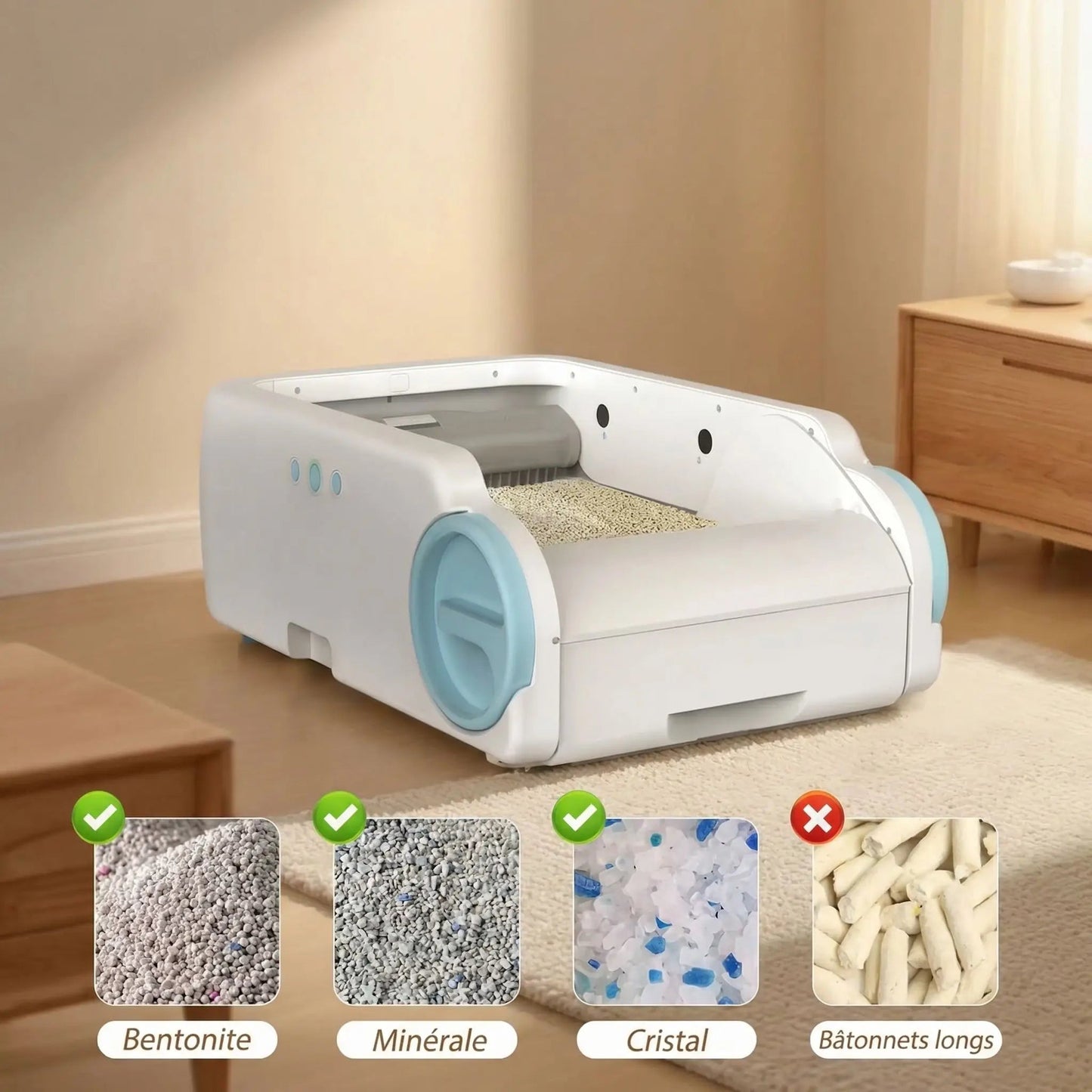 Litière autonettoyante pour chat compatible differentes litieres