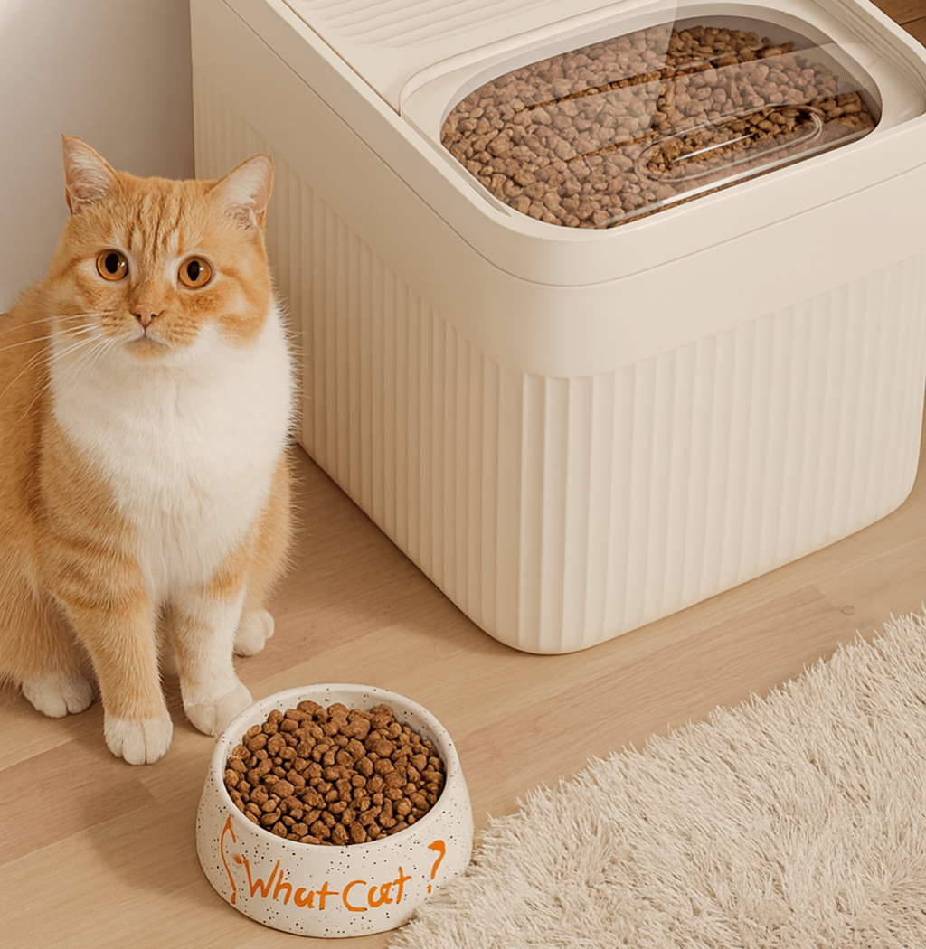 Boite à croquettes chat chat a cote boite debout gamelle