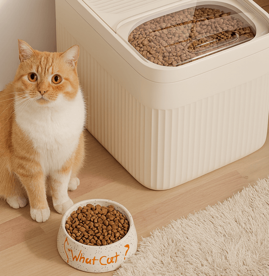 Boite à croquettes chat chat a cote boite debout gamelle