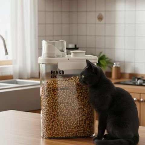 Boite à croquettes chat chat assis a cote boite croquettes