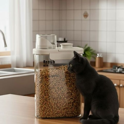 Boite à croquettes chat chat assis a cote boite croquettes