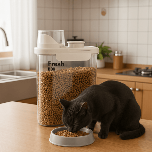 Boite à croquettes chat chat mange croquettes pres boite