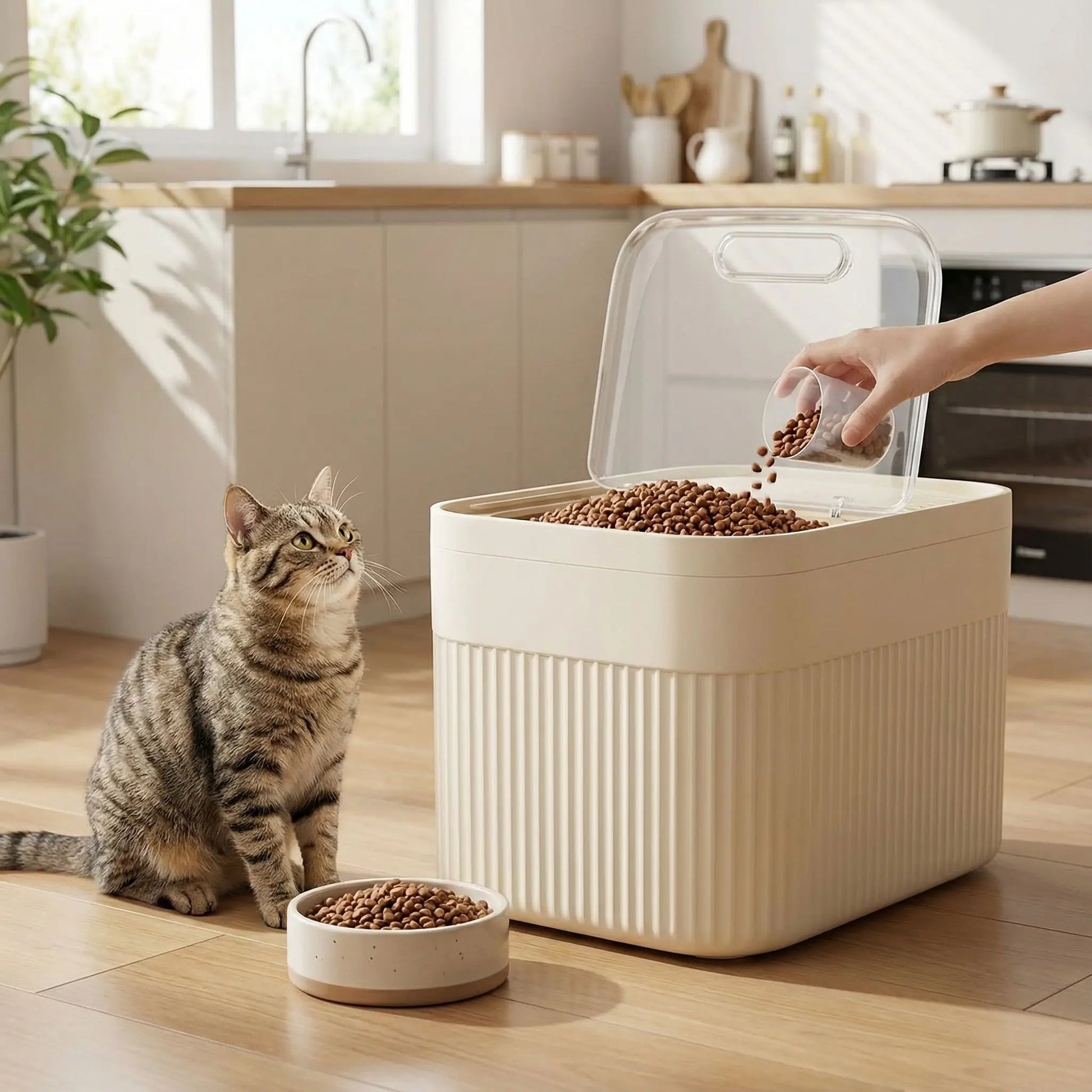Boite à croquettes chat personne met croquettes gamelle chat regarde