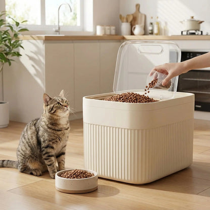 Boite à croquettes chat personne met croquettes gamelle chat regarde