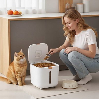 Boite à croquettes pour chat femme a croupi donne croquettes