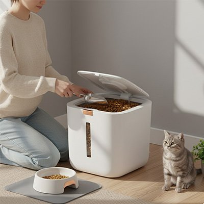 Boite à croquettes pour chat femme a genou donne croquettes chat