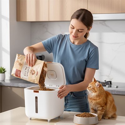 Boite à croquettes pour chat femme verse croquettes boite