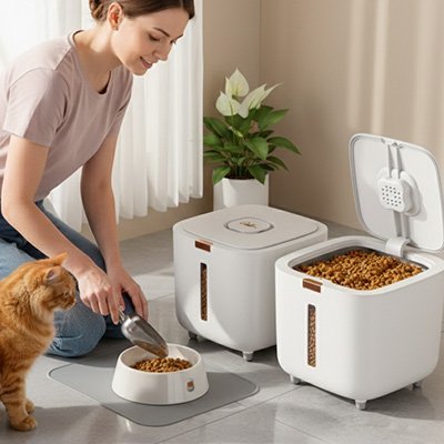 Boite à croquettes pour chat femme verse croquettes gamelle chat