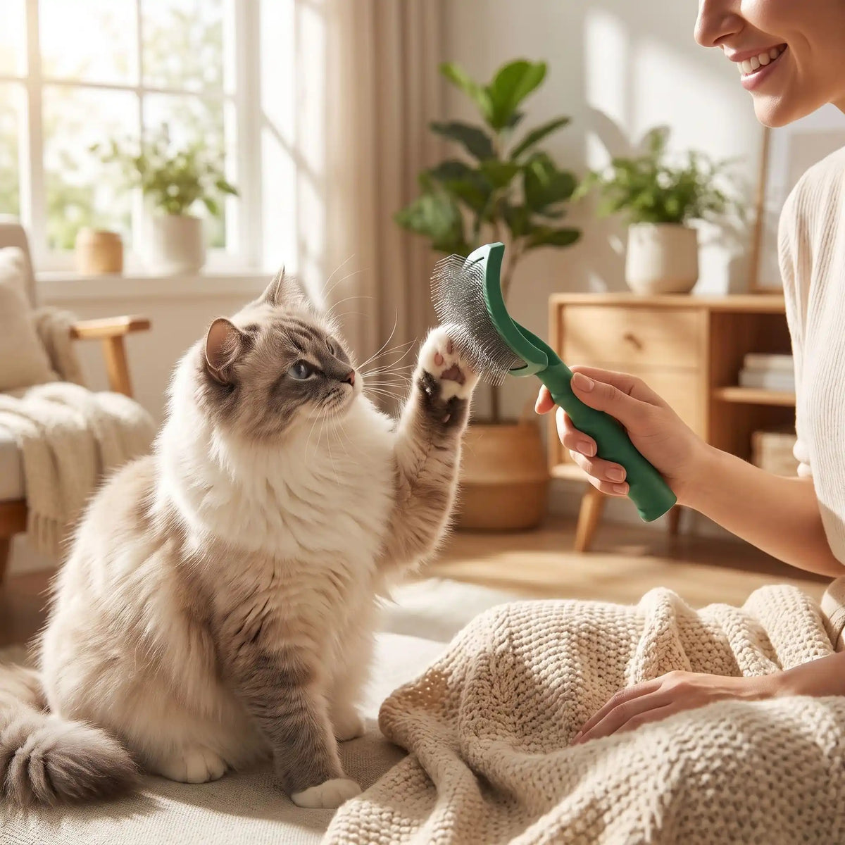 Brosse pour chat poil long chat joue avec maîtresse