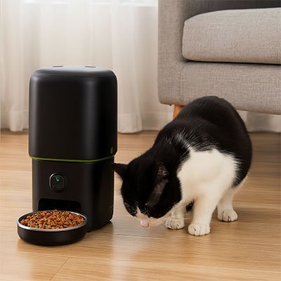 Distributeur automatique croquettes chat chat blanc noir pres distributeur