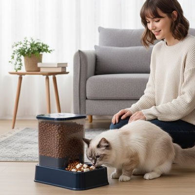 Distributeur de croquettes pour chat automatique femme pres chat mange