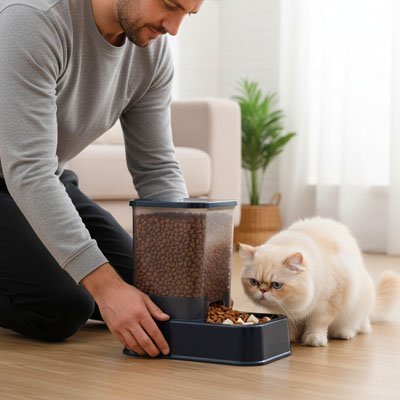 Distributeur de croquettes pour chat automatique homme depose distributeur croquettes