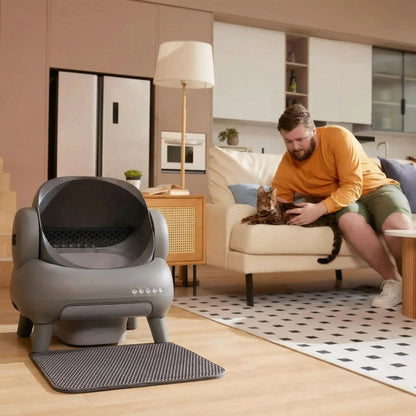 Litière automatique chat moment sérénité avec humain.