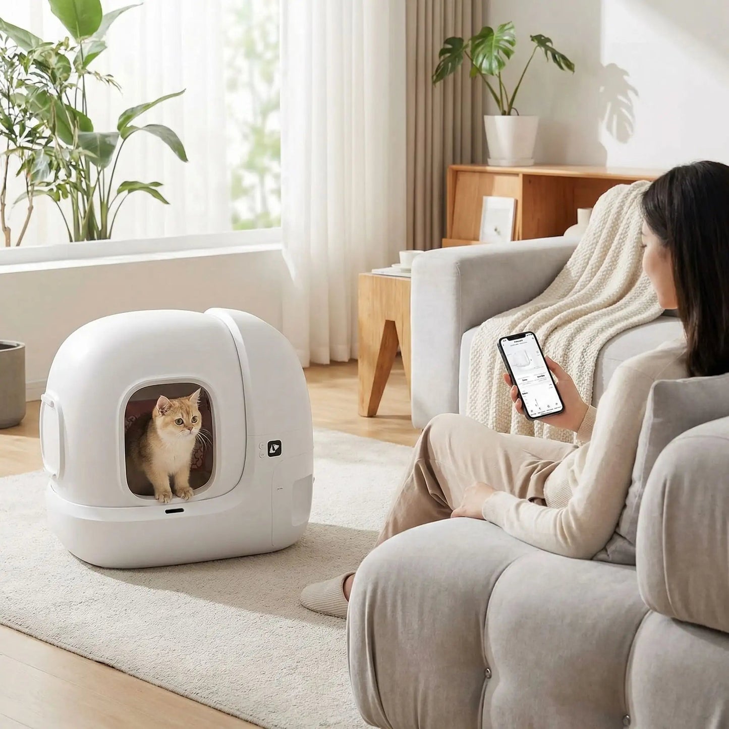 Litiere chat autonettoyante chat regarde personne avec application telephone