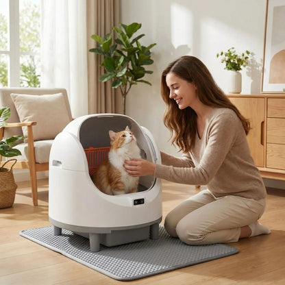 Litière pour chat automatique chat heureux regarde maîtresse