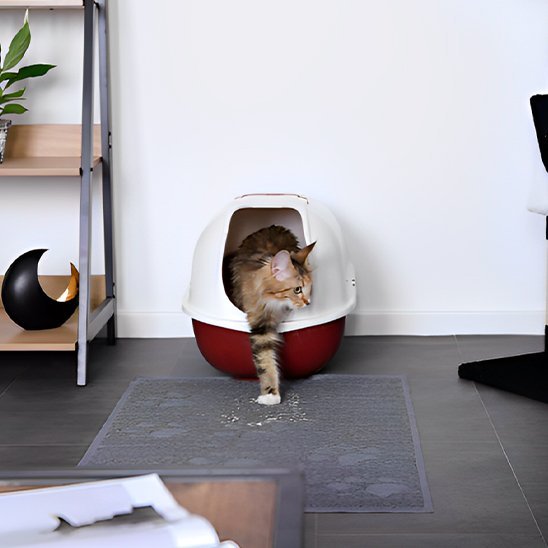 Tapis chat litière chat sort bac sur tapis litiere