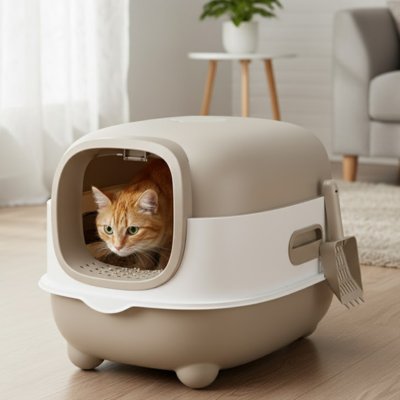 Bac a litiere chat chat curieux dans bac gris