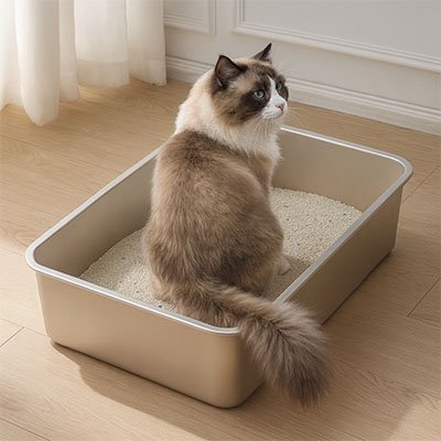 Bac litière chat chat regarde dans bac  