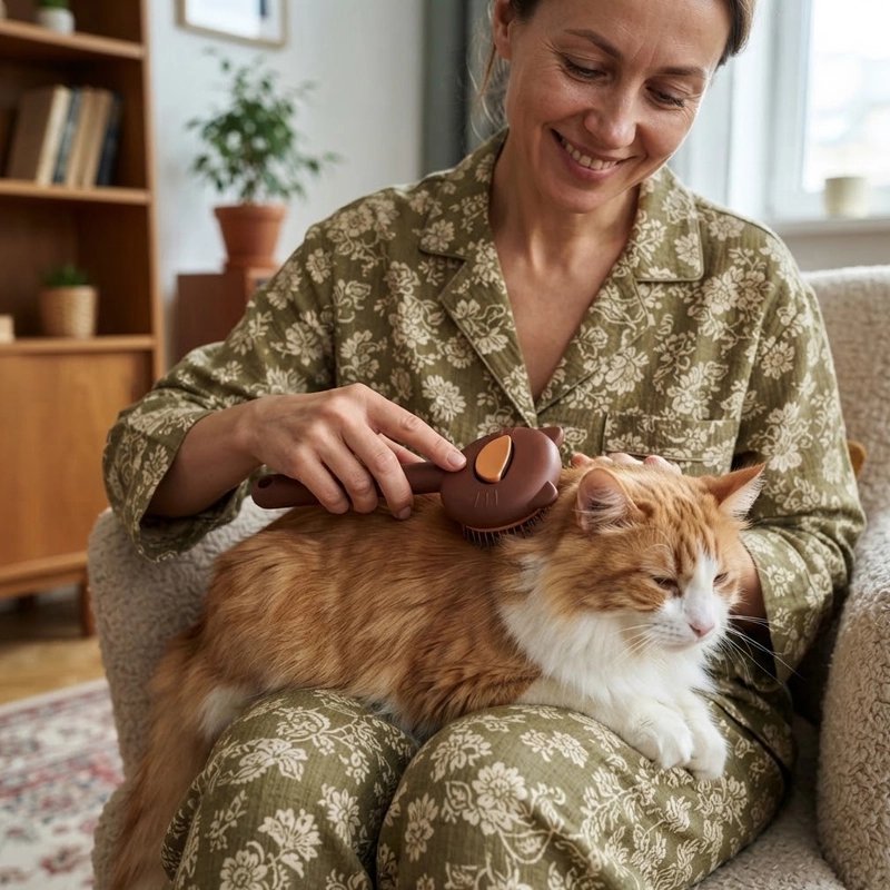 Brosse a chat femme brosse chat sur genoux en souriant