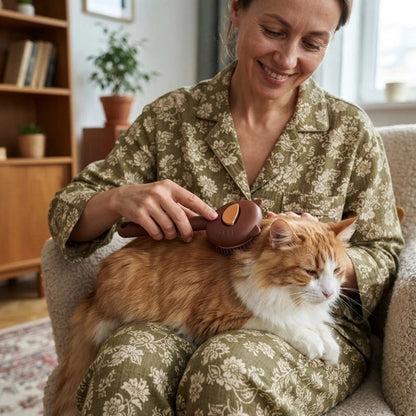 Brosse a chat femme brosse chat sur genoux en souriant
