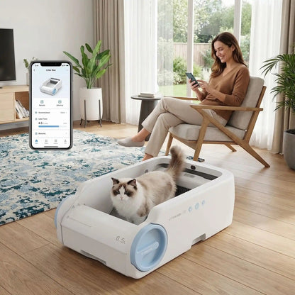 Litière autonettoyante pour chat personne utilisant application mobile