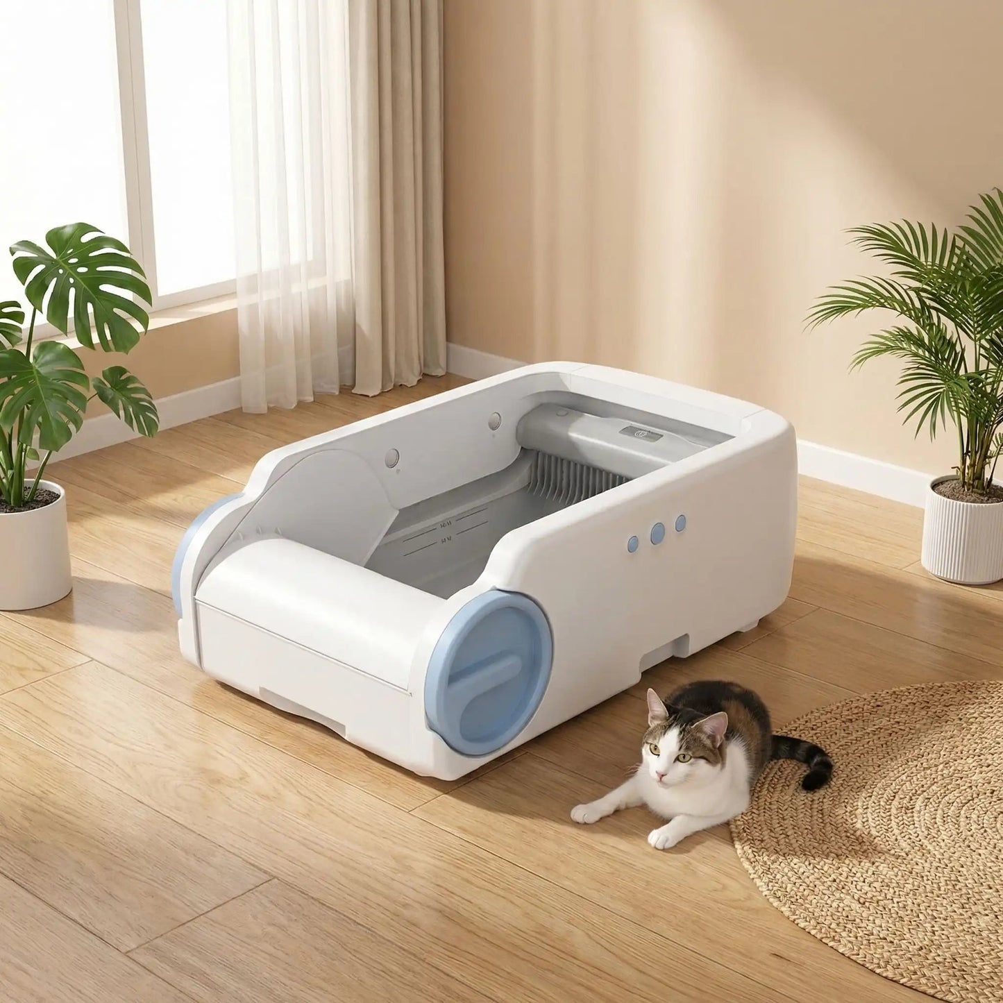 Litière autonettoyante pour chat chat à coté de litière propre fraîche 