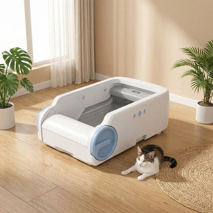 Litière autonettoyante pour chat chat à coté de litière propre fraîche 