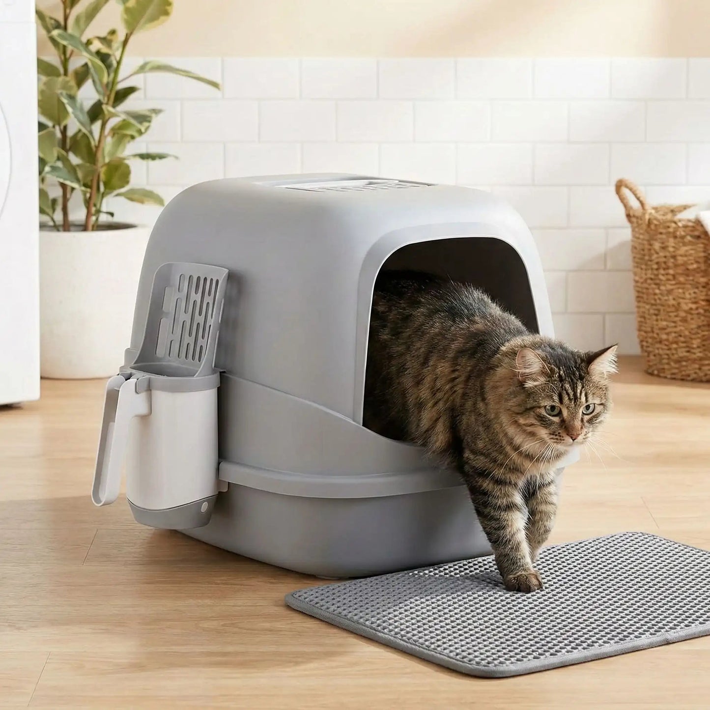 Pelle à litière presentation chat sortant du bac a litiere