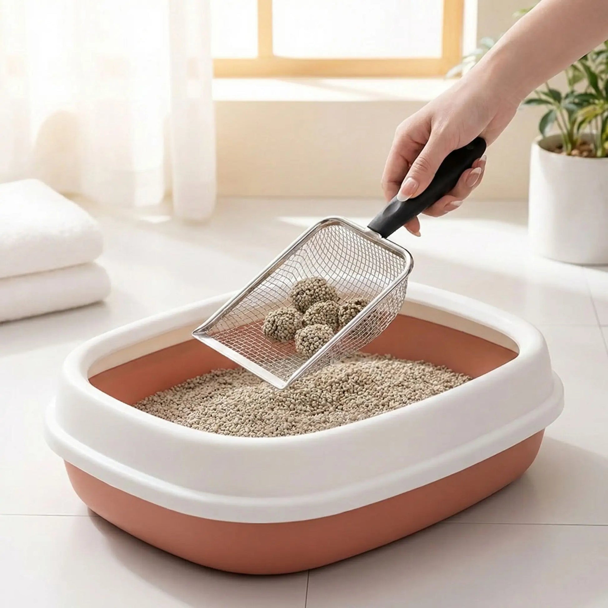 Pelle à litière chat personne enlève dechets bac avec pelle