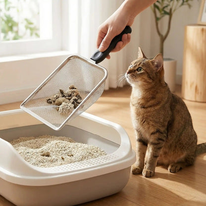 Pelle à litière chat personne enleve dechet bac chat regarde