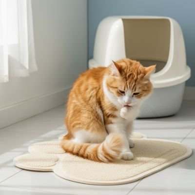 Tapis litière chat chat assis sur tapis litiere couleur beige 