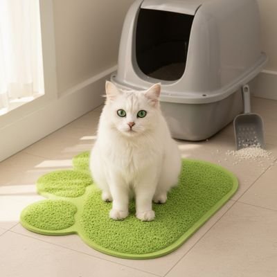 Tapis litière chat chat assis sur tapis litiere  couleur vert 