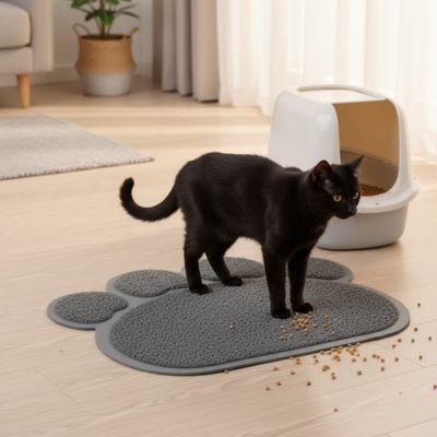 Tapis litière chat chat debout sur tapis litiere croquettes eparpillees